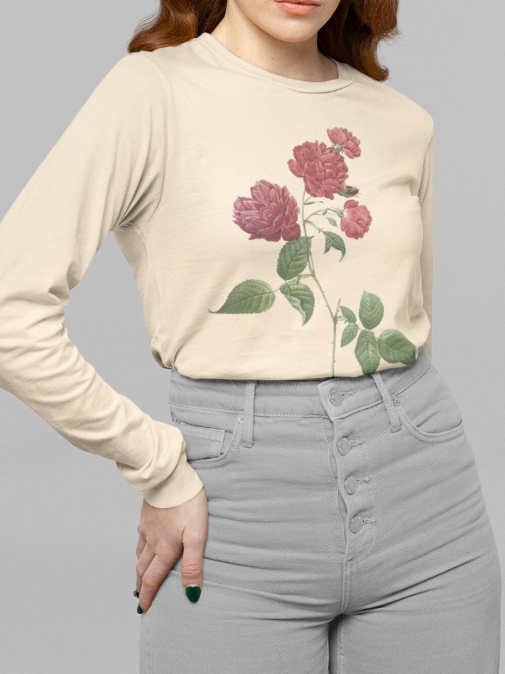 Red Cabbage Rose Vintage Floral Print Long Sleeve Graphic Tee T-shirt S-XXL